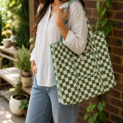 Sage Check Reversible Tote