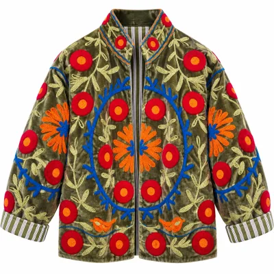 Velvet Embroidered Jacket-Olive Bloom