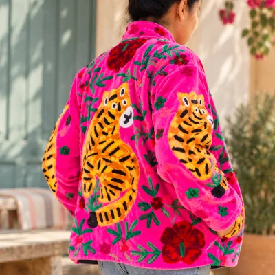 Velvet Embroidered Jacket-Pink Tiger Bloom