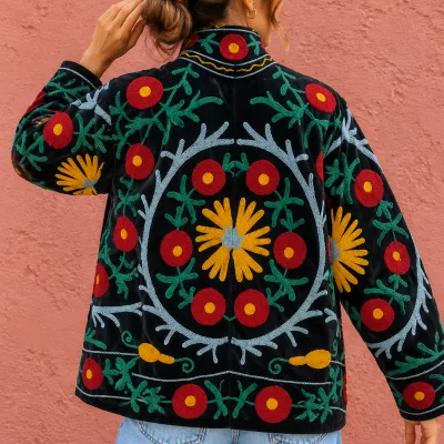 Velvet Embroidered Jacket-Midnight Marigold