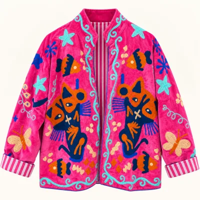 Velvet Embroidered Jacket-Fuchsia Feline